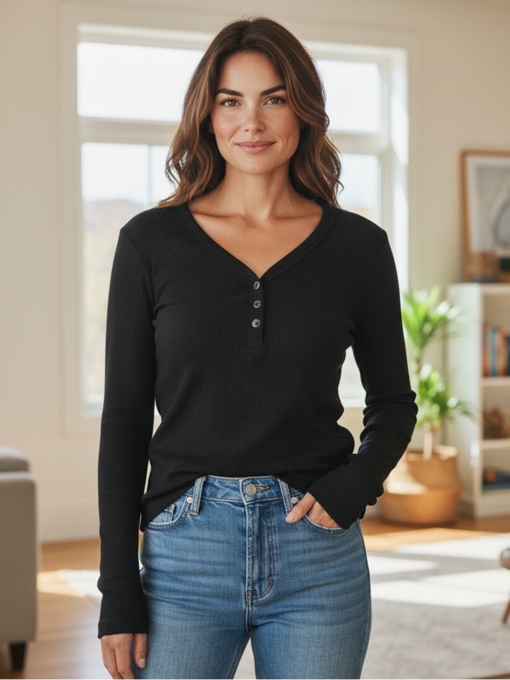 NWT GapBody Women's Black Long-Sleeve Henley Top with Button Placket